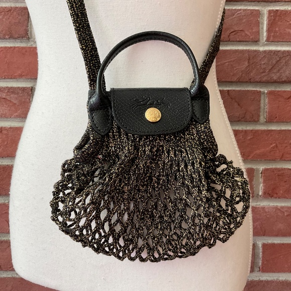 Longchamp Le Pliage Filet XS Stretch Mesh Crossbody Black Gold Bag NWT - Picture 1 of 14